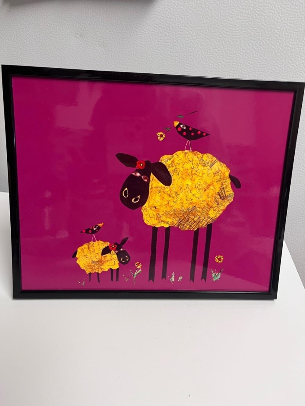 Whimsical Yellow Sheep Art Print on Fuchsia Background